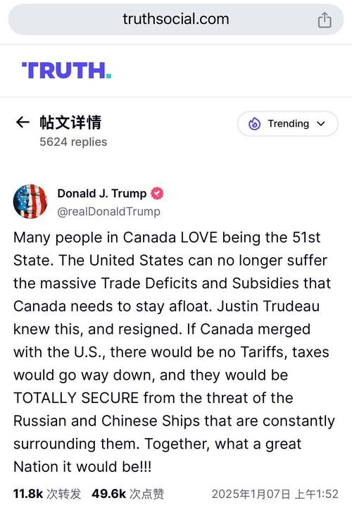 美总统特朗普称不会改变对加拿大征收关税的决定
